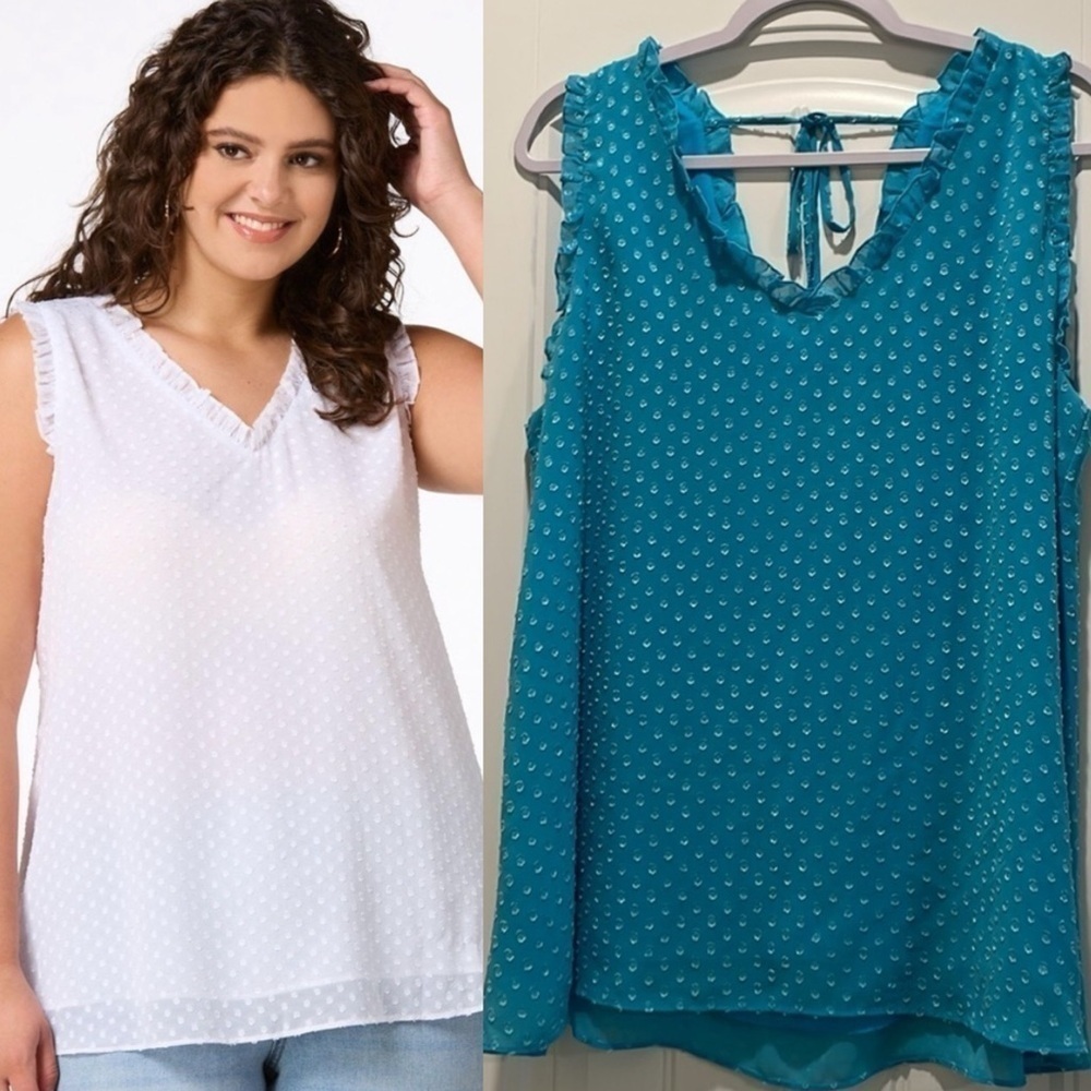 Cato Women’s Tank Top XL Blue Ruffled Sleeveless Swiss Dot Contemporary